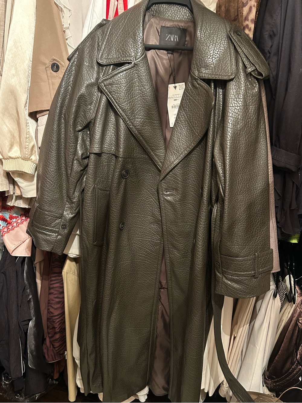 VIRAL SOLD OUT Zara Textured Pebble Leather Trench Coat in Olive Green